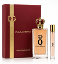Q by Dolce & Gabbana Eau de Parfum 3.4 oz bottle and 10 ml travel spray with red and gold box