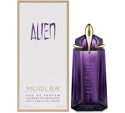 Mugler Alien Eau de Parfum 3.0 oz refillable purple talisman spray bottle and white box