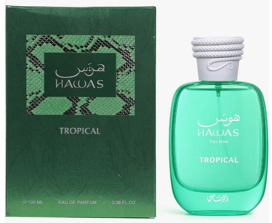 Hawas Tropical For Him 3.4 oz Eau de Parfum green bottle and box by Rasasi