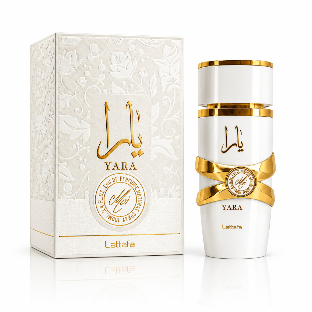 Lattafa Yara Moi Eau de Parfum bottle and box centered on a white background