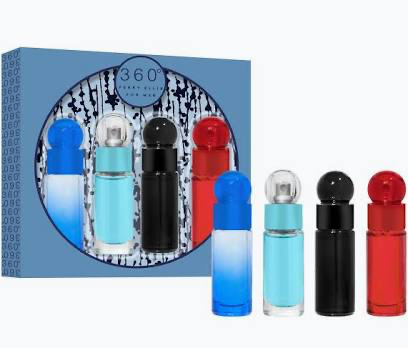 Perry Ellis 360 men's mini fragrance set with Red, Blue, Black, and Very Blue bottles