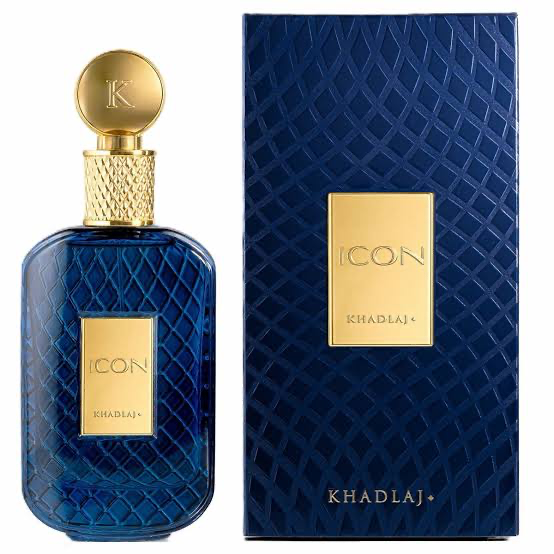 Khadlaj Icon blue Eau de Parfum bottle with gold cap beside blue box
