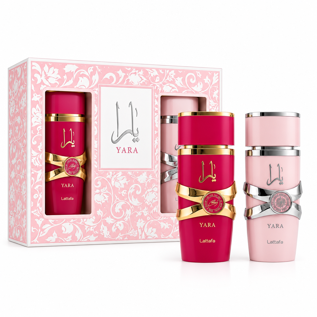 Lattafa Yara Pink and Yara Candy duo gift set centered on a white background