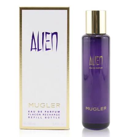 Mugler Alien Eau de Parfum 3.0 oz refill bottle with purple liquid, gold cap and white box