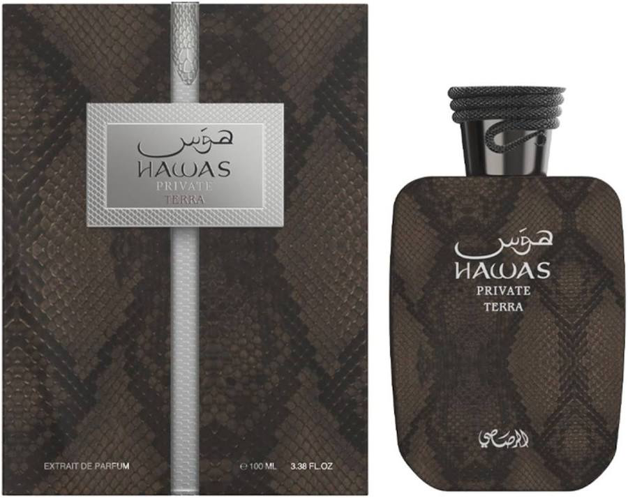 Hawas Private Terra 3.4 oz Extrait de Parfum bronze snakeskin bottle and box by Rasasi