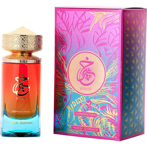 Paris Corner Khair Confection Eau de Parfum 3.4 oz colorful bottle and pink patterned box