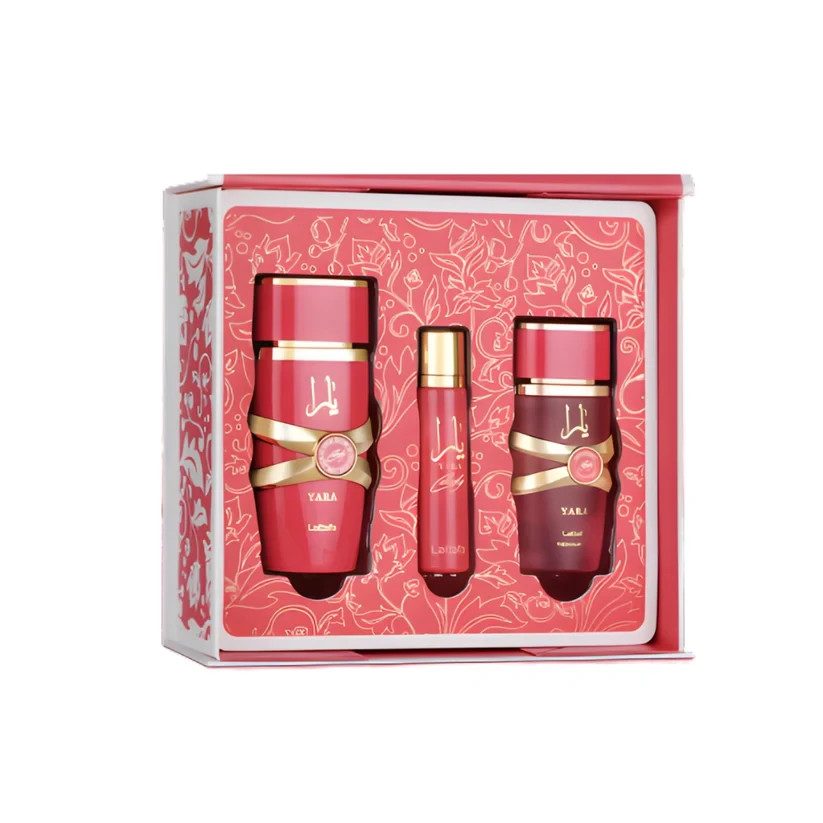 Lattafa Yara Candy 3.4 oz Eau de Parfum, 12 ml travel spray, and 50 ml hair mist gift set