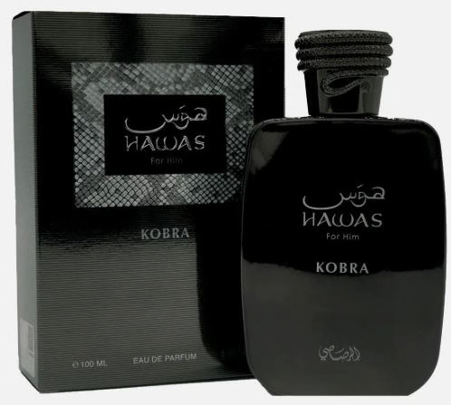 Hawas Kobra 3.4 oz Eau de Parfum by Rasasi with black bottle and presentation box