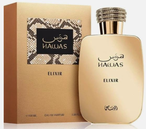 Hawas Elixir 3.4 oz Eau de Parfum by Rasasi with cream and gold bottle and presentation box