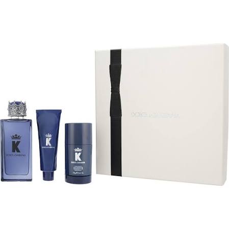 K by Dolce & Gabbana gift set with blue Eau de Parfum bottle, shower gel, deodorant and white box