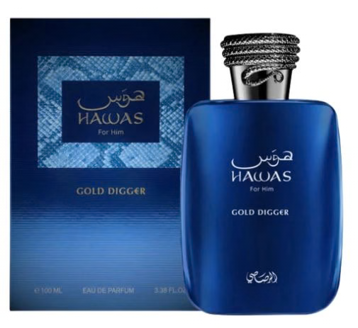 Hawas Gold Digger For Him 3.4 oz Eau de Parfum blue bottle and box by Rasasi